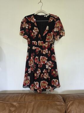 Madewell Black Mini Dress with Red & Pink Floral Print Size 00 Like New